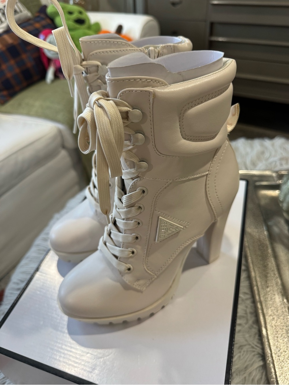 Guess Cream Lace-Up Heeled Ankle Boots